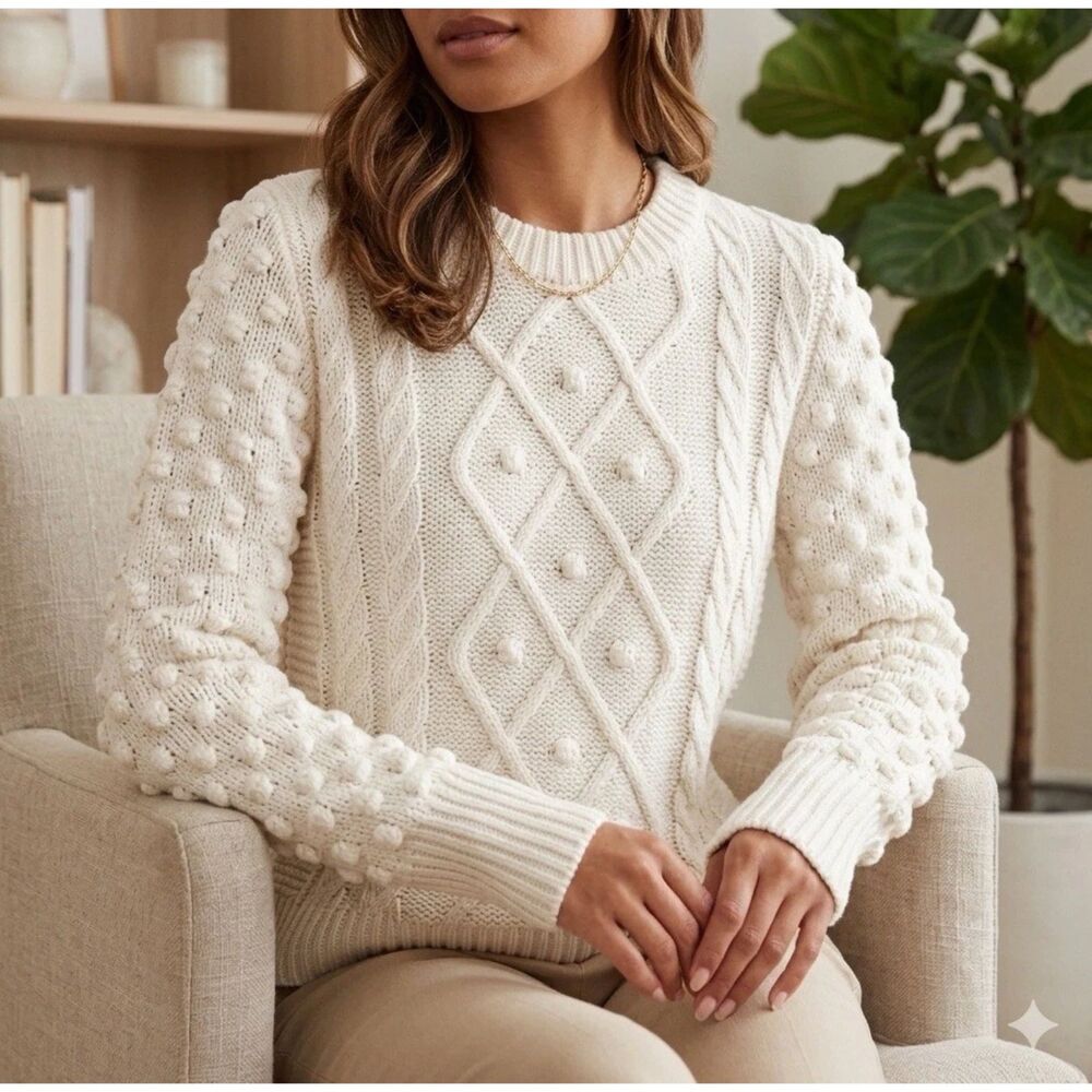 Evereve Sieve Bobble Cable Knit Sweater Womens XS Pullover white Fisherman